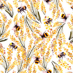 seamless pattern with bumblebee and flowers mimosa. spring, summer pattern, watercolor illustration - 505519640