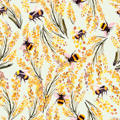 seamless pattern with bumblebee and flowers mimosa. spring, summer pattern, watercolor illustration - 505519692