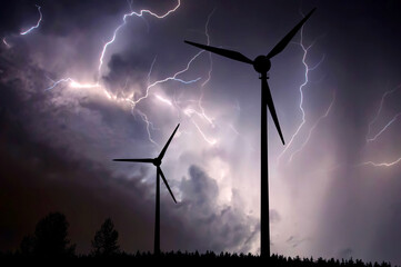 Wind turbines on the background of a stormy sky with lightning