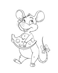 coloring book illustration with a mouse holding a slice of cheese
