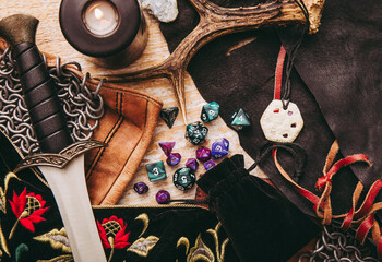 Fantasy role play board game still life concept. Background decorated with various character...