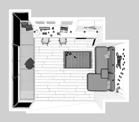 Blueprint project draft, pet friendly corner office, desk with computers, bookshelf, dog bed with...