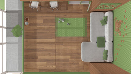 Pet friendly living room with velvet sofa in green and wooden tones, window with pillows and blanket, carpet, desk, chairs. Dog bed with gate. Top view, plan, above , interior design