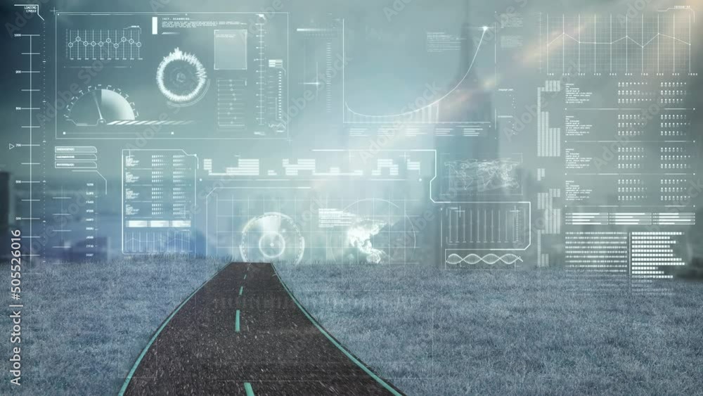 Poster animation of data processing on digital screen over road and cityscape