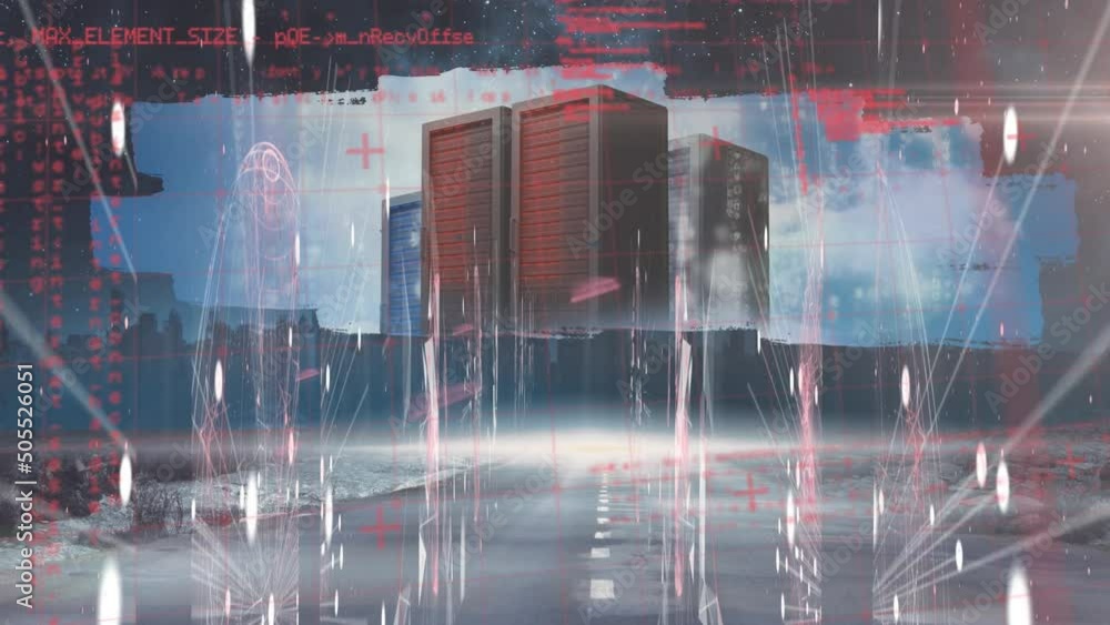 Poster animation of data processing over cityscape