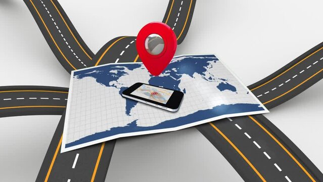 Animation of map and smartphone over roads on white background