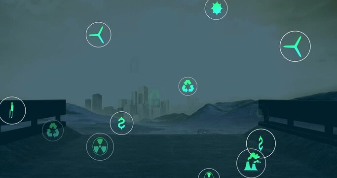 Animation of eco icons floating over cityscape