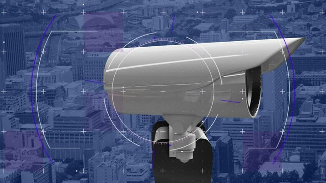 Animation of network of security camera over cityscape