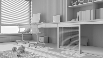 Total white project draft, smart working, pet friendly corner office, work from home. Desk with computer and chairs, dog bed with gate, window. Close up, ground view. Interior design