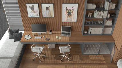Pet friendly gray and wooden corner office, desk with chairs, computers, bookshelf, dog bed with...