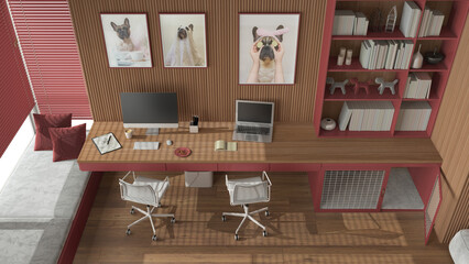 Pet friendly red and wooden corner office, desk with chairs, computers, bookshelf, dog bed with gate. Window and parquet. French bulldog artworks. Top view, above. Interior design