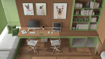 Pet friendly green and wooden corner office, desk with chairs, computers, bookshelf, dog bed with gate. Window and parquet. French bulldog artworks. Top view, above. Interior design