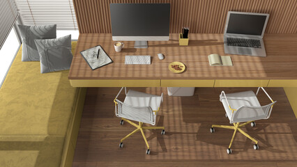 Smart working, yellow and wooden corner office, desk with chairs, computers and accessories. Big...