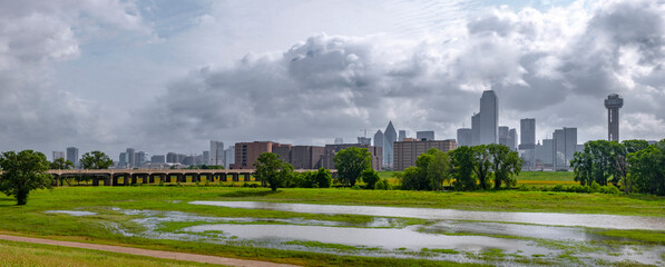 Dallas skyline and flooded Trinity river