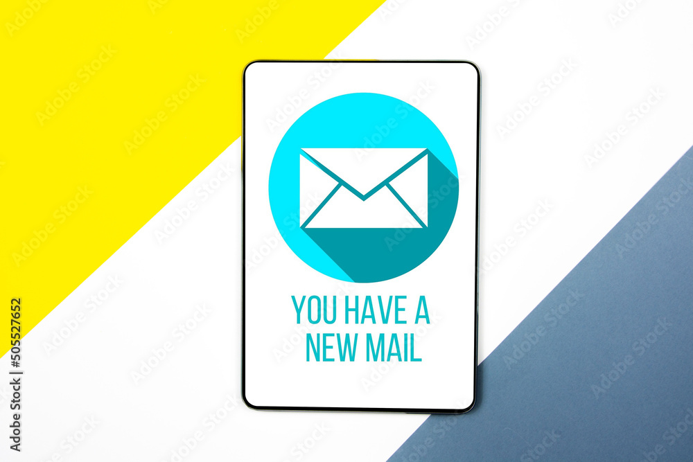 Poster mail communication connection message to mailing contacts phone. email concept