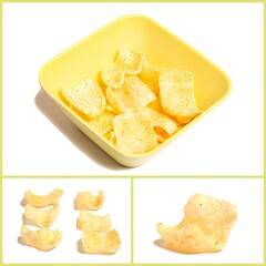 Collage with potato chips isolated on white background.