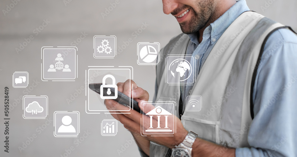 Aufkleber cyber security and data protection information privacy internet technology concept. businessman work