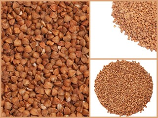 Collage with Buckwheat isolated on white background.