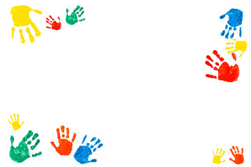 Children's multicolored palm hand imprints isolated on white background. Text frame. Copy space for design. Positive kids concept for leisure activity, games, anything belongs to childhood.