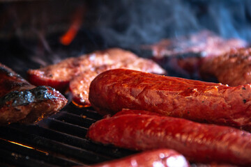 Hamburgers and sausages grilled by the fire on a sunny day