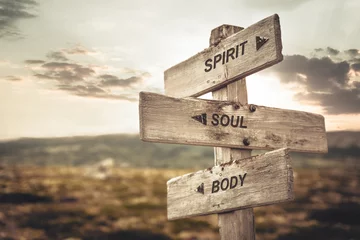 Fototapeten spirit soul body text quote caption on wooden signpost outdoors in nature. Stock sign words theme. © Jon Anders Wiken