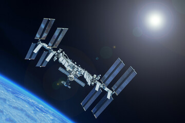 Iss over the planet Earth. Elements of this image furnished by NASA - Powered by Adobe