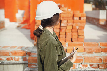 Stylish woman architect with tablet blueprints at construction site. Young female engineer or construction worker in hardhat looking at plans of new modern house