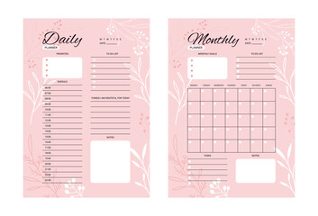 A set of minimalistic pink and white color planners. A template for a daily, monthly planner. A clear and simple to-do list for printing. The page of the business organizer. a piece of paper. 