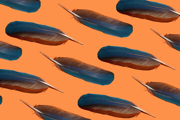 many bright blue feathers on an orange background pattern