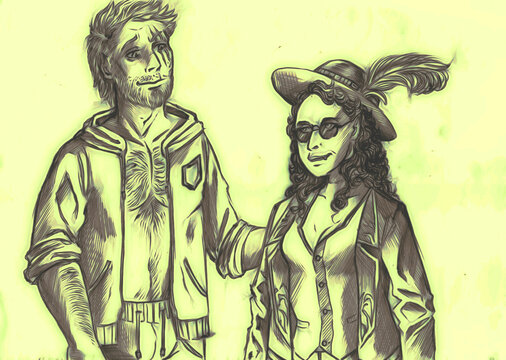 Illustration Of Tall Man With Scars On His Face Talking With A Short Woman With Long Hair And A Hat With Feather