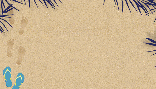 Sand Beach Texture background with Palm leaf shadow and Footprints of human feet, Vector illustration Backdrop Brown Beach sand dune with barefoot and sandal for Summer banner background.