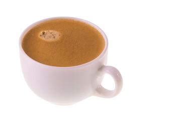 Close up view of aromatic black coffee poured into white mug isolated on white background. Sweden.
