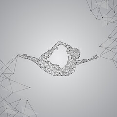 Woman in the yoga pose, connecting dots and lines. Light connection structure. Low poly vector background.