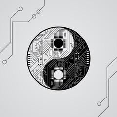 Circuit board in Yin Yang symbol, background in black and white, technology vector illustration, Yin Yang symbol illustration