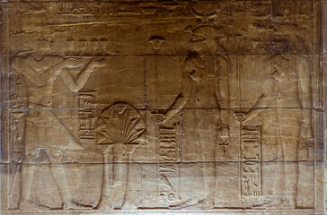 Hieroglyphs, reliefs in Edfu Temple of Philae, Egypt