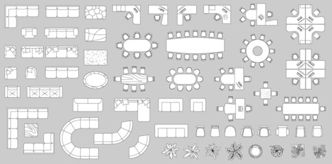 Furniture elements top view for plan of office, house, apartment, workspace. Vector set of objects. Collection of Interior icon. Kit with Table, chair, sofa, plant. Symbol for interior design, project - obrazy, fototapety, plakaty