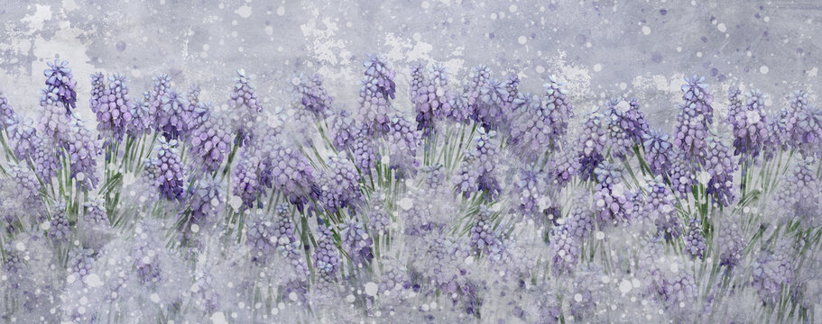 grape hyacinth field of flowers art drawing on a textured background with watercolor blots photo wallpaper in the interior