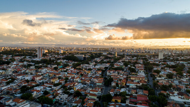 Aerial view of Sao Paulo at sunset with Congonhas Airport in the background. In the neighborhood of Planalto Paulista
