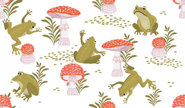 Seamless pattern with frogs and fly agarics.Funny animal characters with forest mushrooms and herb.Colorful background and texture for printing on fabric and paper.Vector hand drawn illustration.
