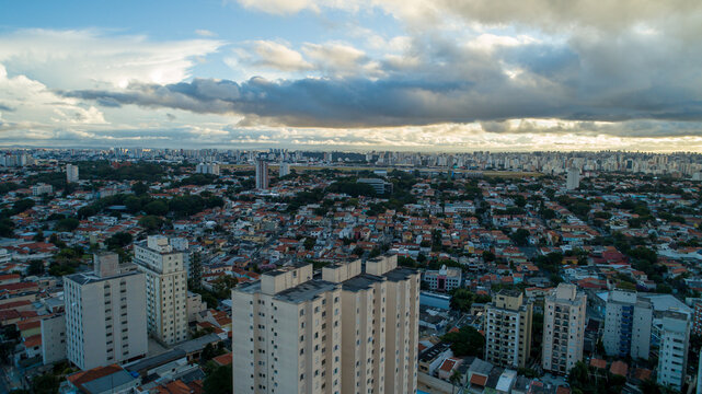 Aerial view of Sao Paulo at sunset with Congonhas Airport in the background. In the neighborhood of Planalto Paulista