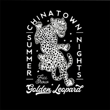 Logo with Golden Leopard for t-shirt and denim. Vector illustration.