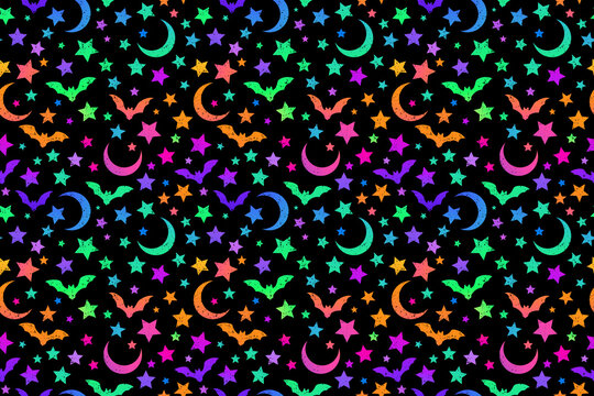 jpg seamless pattern of multicolored bright bats, moon and stars