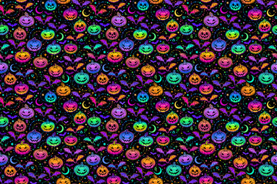 jpg seamless pattern of bright multicolored haloween pumpkins and bats