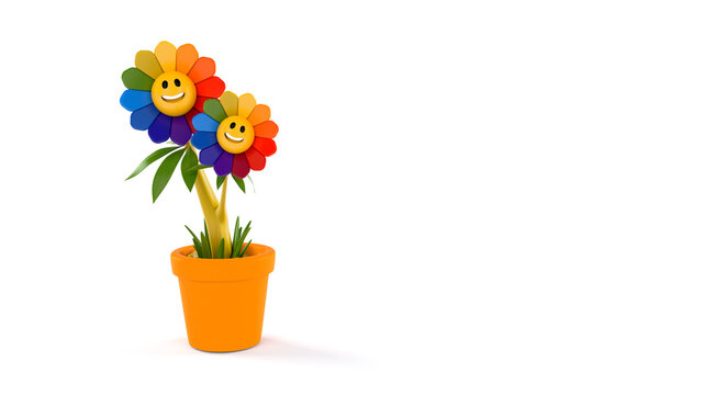 3D Happy Smiling Cartoon Style Smiley Rainbow Flowers Isolated on White Background