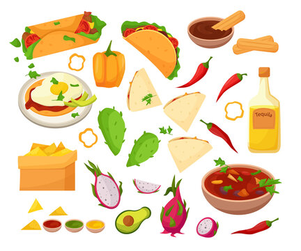Mexican food set - tacos, burrito, tortilla, soup, cactus, chips. Vector cartoon illustration.