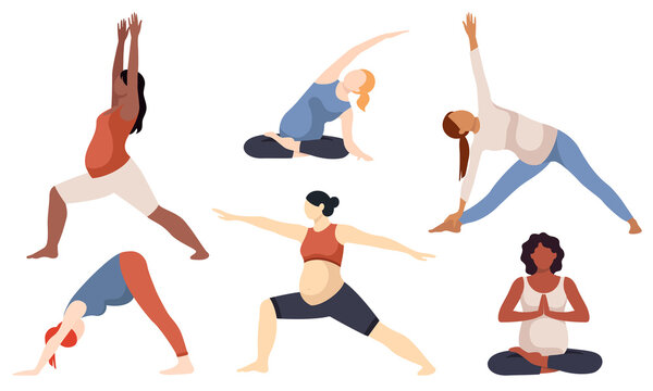 Yoga for pregnant, prenatal yoga poses set. Diverse pregnant woman of different nations and complexion.