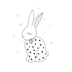 Cute rabbit with hearts on a white background. Thin line outline style. Minimalistic design. Vector illustration. - 505545266