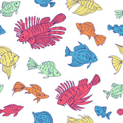 Fototapeta premium Seamless vector pattern with sketch of sea fish. Sea seamless vector pattern. Decoration print for wrapping, wallpaper, fabric.