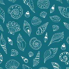 Seamless vector pattern with sketch of seashells. Sea seamless vector pattern. Decoration print for wrapping, wallpaper, fabric. 