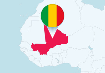 Africa with selected Mali map and Mali flag icon.